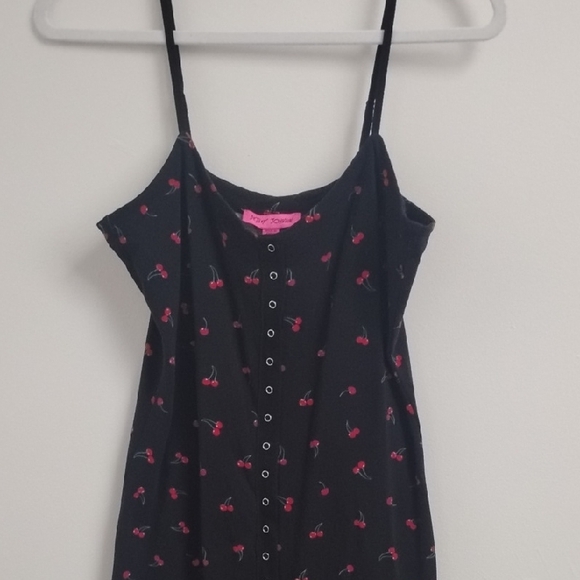 Vintage Betsey Johnson Retro Style Black Cherry Print Snap Front Bodycon Dress - Picture 3 of 14